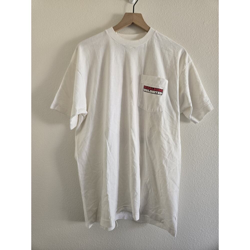 Vintage 1996 White Marlboro Unlimited Pipestone Pass Map Pocket T Shirt Size XL